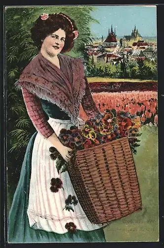 AK Erfurt, Teilansicht und Frau am Blumenbeet