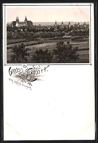 Lithographie Erfurt, Ortspartie mit Kirche