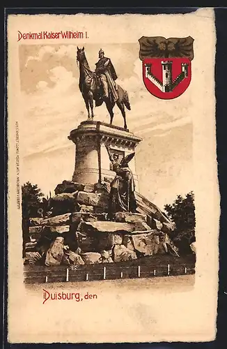 Künstler-AK Duisburg, Denkmal Kaiser Wilhelm I., Wappen