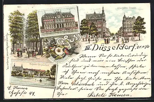 Lithographie Düsseldorf, Ständehaus, Hofgarten u. der grosse Teich, Seufzer Allee