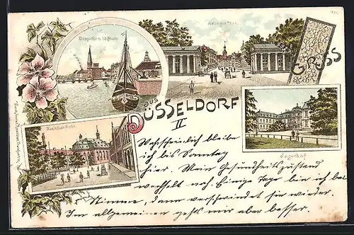 Lithographie Düsseldorf, Rheinpartie mit Schiffbrücke, Strassenpartie, Maximilians-Kirche