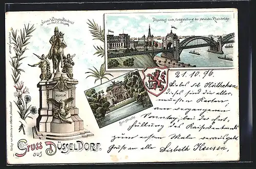 Lithographie Düsseldorf, Stehende Rheinbrücke nach Fertigstellung, Kunsthalle, Kaiser Wilhelm-Denkmal