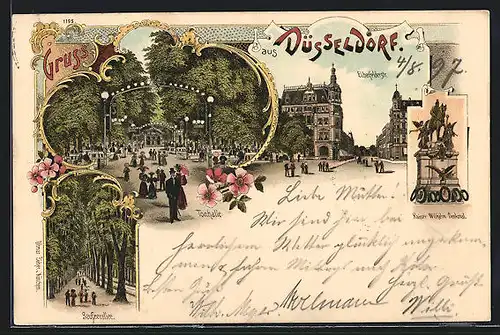 Lithographie Düsseldorf, Tonhalle, Elberfelderstrasse, Kaiser Wilhelm-Denkmal