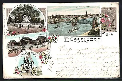 Lithographie Düsseldorf, Bahnhof, Neue Rheinbrücke, Krieger-Denkmal