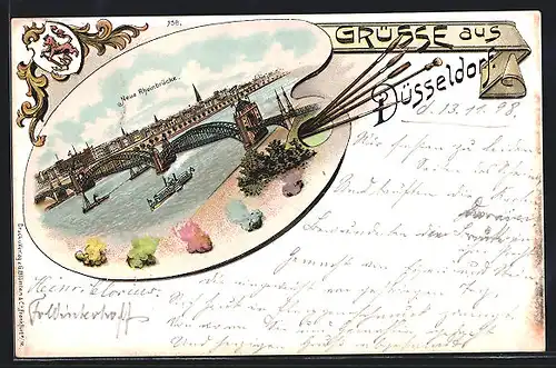 Passepartout-Lithographie Düsseldorf, Ansicht der neuen Rheinbrücke auf Malerpalette