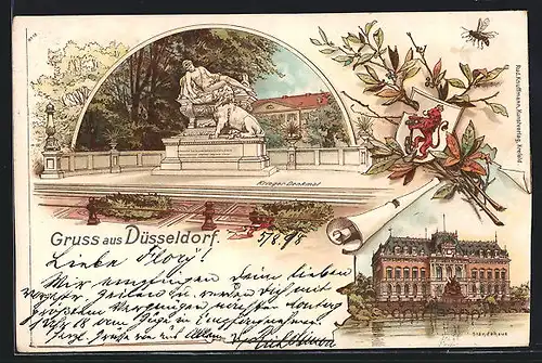 Lithographie Düsseldorf, Ständehaus, Krieger-Denkmal