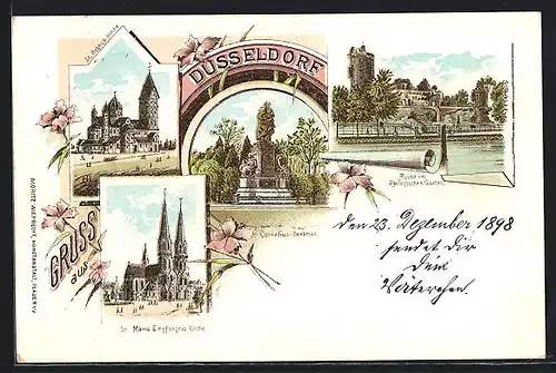 Lithographie Düsseldorf, Cornelius-Denkmal, Ruine im Zoo, St. Maria Empfängniskirche & St. Rochus-Kirche