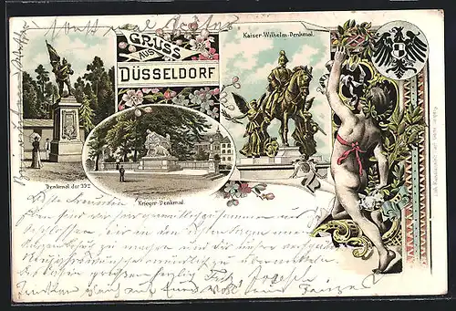 Lithographie Düsseldorf, Krieger-Denkmal, Kaiser-Wilhelm-Denkmal