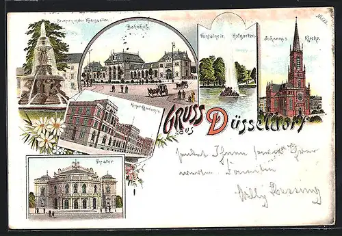 Lithographie Düsseldorf, Bahnhof, Brunnen in der Königsallee, Theater