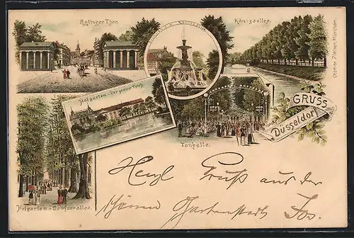 Vorläufer-Lithographie Düsseldorf, 1895, Tonhalle, Ratinger Tor, Brunnen i. d. Königsallee