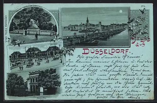 Mondschein-Lithographie Düsseldorf, Malkasten, Bahnhof, Kriegerdenkmal