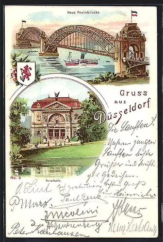 Lithographie Düsseldorf, Neue Rheinbrücke, Kunsthalle, Wappen