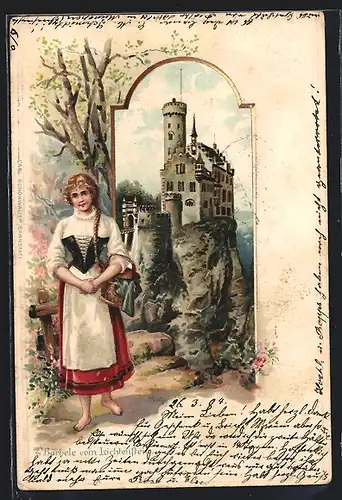 Passepartout-Lithographie Lichtenstein, Burg, Bärbele vom Lichtenstein im Dirndel
