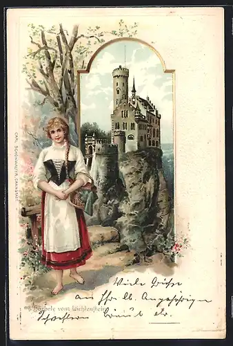 Passepartout-Lithographie Lichtenstein, Burg, Bärbele vom Lichtenstein im Dirndel