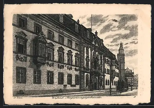 Künstler-AK Erfurt, Regierungsgebäude mit Strasse