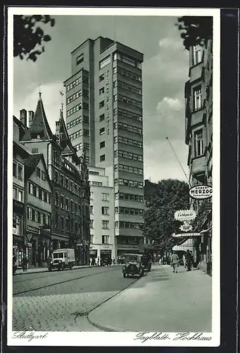 AK Stuttgart, Tagblatt-Hochhaus mit Strasse