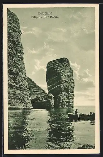 AK Helgoland, Ruderboot im Wasser am Mönchsfelsen