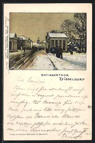 Künstler-AK Düsseldorf, verschneite Partie am Ratingerthor