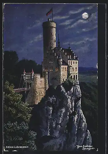 Künstler-AK Lichtenstein, Schloss auf dem Felsen bei Nacht