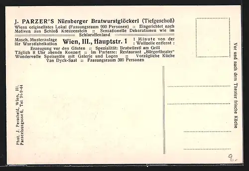 AK Wien, Gasthaus Nürnberger Bratwurstglöckerl J. Parzer, Hauptstr. 1, Innenansicht