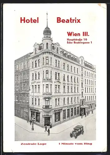 AK Wien, Hotel Beatrix, Hauptstrasse 10 Ecke Beatrixgasse 1