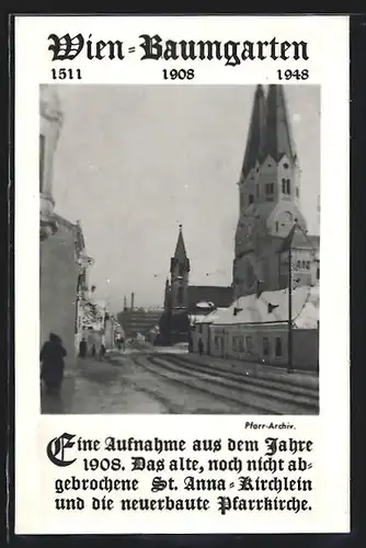 AK Wien-Baumgarten, St. Anna-Krichlein und die neuerbaute Pfarrkirche bei Schnee 1908