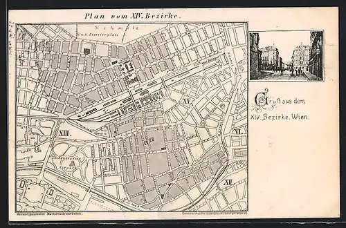AK Wien, Plan vom XIV. Bezirk mit West-Bahnhof, Schönbrunner Vorpark und K. u. k. Exerzierplatz, Strassenpartie