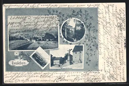 AK Unsleben, Dampfziegelei v. Gebr. Jessenberger, Freiherr von Habermann`sches Schloss, Kriegerdenkmal