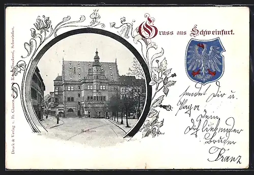 AK Schweinfurt, Strassenpartie mit Rathaus, Wappen