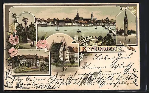Lithographie Kitzingen, Königsplatz, Rathaus, Kriegerdenkmal