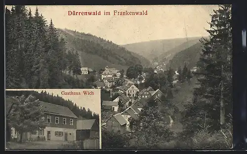 AK Dürrenwaid / Frankenwald, Gasthaus Hänel und Ortspanorama