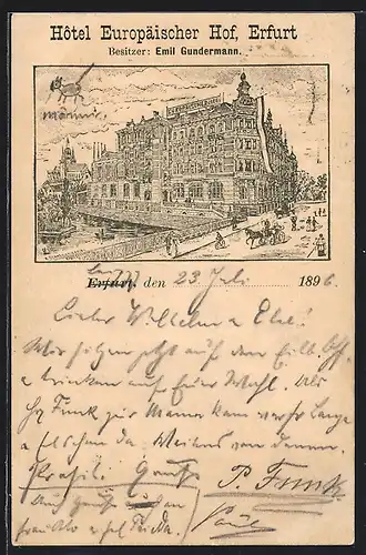 Lithographie Erfurt, Hotel Europäischer Hof von Emil Gundermann