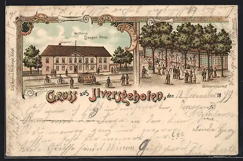 Lithographie Ilversgehofen, Gasthaus Junger Fritz mit Strasse, Strassenbahn und Gartenrestaurant