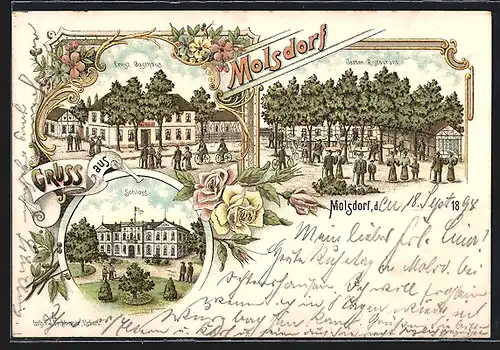 Lithographie Molsdorf, Gasthaus Ernst mit Strasse und Garten, Schloss