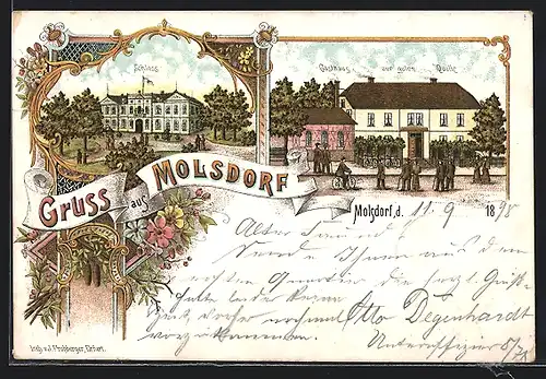 Lithographie Molsdorf, Gasthaus zur goldenen Quelle mit Strasse, Schloss