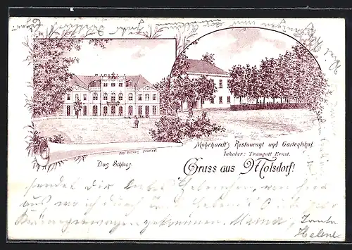 Lithographie Molsdorf, Mohrhardts Restaurant und Gartenlokal, Vorder- und Rückansicht