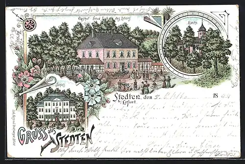 Lithographie Stedten bei Erfurt, Gasthof Freud Euch des Lebens mit Besuchern, Schloss