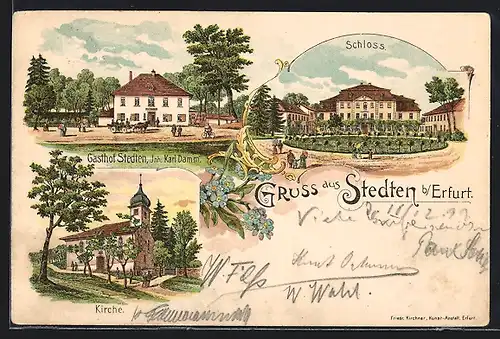 Lithographie Stedten, Schloss, Gasthof Stedten, Inh. Karl Damm, Kirche