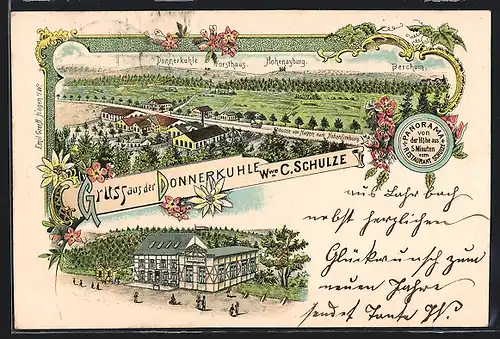 Lithographie Hagen, Gasthof Donnerkuhle Wwe. C. Schulze mit Strasse, Ortsansicht aus der Vogelschau