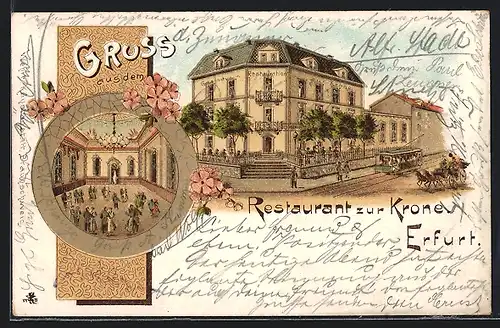 Lithographie Erfurt, Restaurant zur Krone mit Strasse und Strassenbahn, Tanz im Saal