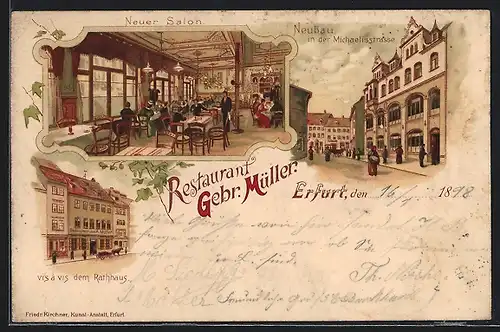 Lithographie Erfurt, Restaurant Gebr. Müller, Neubau in der Michaelisstrasse, Neuer Salon