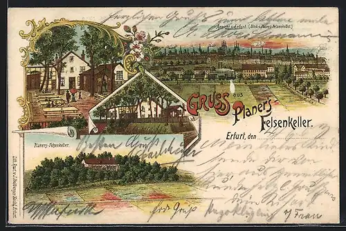 Lithographie Erfurt, Gaststätte Planers Felsenkeller mit Umgebung und Garten, Stadtansicht
