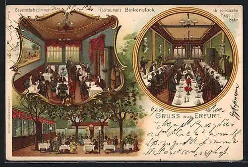 Lithographie Erfurt, Restaurant Birkenstock, Garten, Gastzimmer, Saal mit Billardtisch