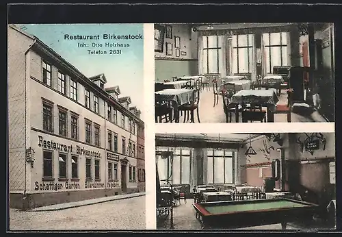 AK Erfurt, Restaurant Birkenstock O. Holzhaus mit Strasse, Innenansichten mit Billardtisch