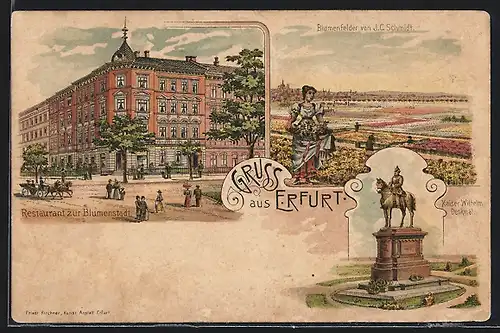 Lithographie Erfurt, Restaurant zur Blumenstadt, Frau am Blumenbeet, Kaiser Wilhelm-Denkmal
