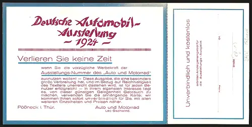 Klapp-AK Pössneck i. Thür., Deutsche Automobil-Ausstellung 1924, Händlerzeitschrift Auto und Motorrad