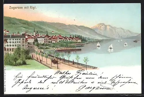 Lithographie Künzli No. 5024: Zugersee mit Rigi, Berg mit Gesicht / Berggesichter