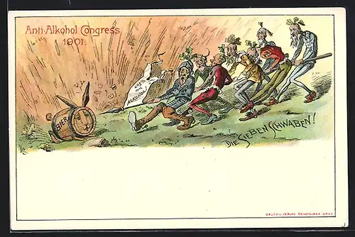 Lithographie Graz, Anti-Alkohol Congress 1901, die sieben Schwaben kämpfen gegen ein Fass Bier