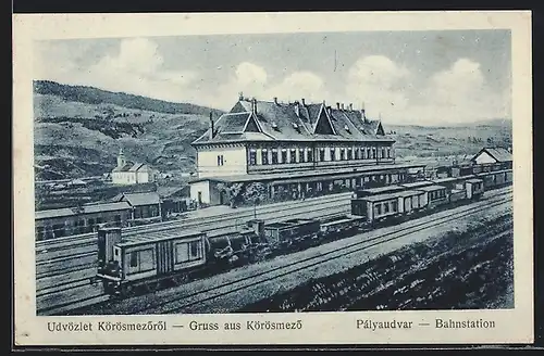 AK Körösmezö, Pályaudvar, Eisenbahnzug hält im Bahnhof