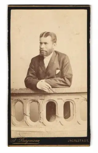 Fotografie F. Bergmann, Ingolstadt, Theresienstrasse 329, Bürgerlicher Mann mit markantem Mittelscheitel und Vollbart